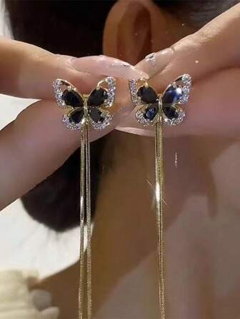 1pair Black Crystal Butterfly Long Tassel Vintage Versatile Earrings