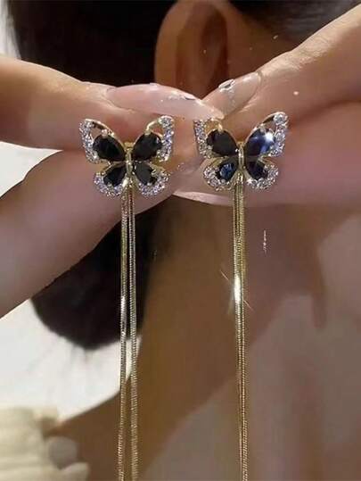 1pair Black Crystal Butterfly Long Tassel Vintage Versatile Earrings Valentine's Day Accessories