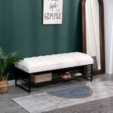 Banco con repisa de metal tapizado en sherpa blanco con diseño acolchado tipo , otomana para los pies en el dormitorio, sala de estar, entrada (Blanco) - Blanco + Sherpa + Espuma - Ver 4