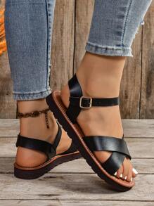 大码 2024 新款时尚平底凉鞋，韩版舒适系带露趾复古平底凉鞋，女式，欧美款 - 黑色 - 查看 2