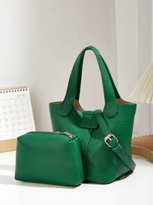 Set di borse tote da donna in colore unito e grana di litchi in PU, semplice e alla moda, include una borsa secchiello casual/da lavoro con tracolla regolabile e un portafoglio piccolo staccabile, adatto per lo shopping, il pendolarismo e l'uso quotidiano in ufficio - Multicolore - Visualizzare 10
