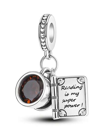 1件镀银书本与咖啡杯心形吊坠，适合女性手链DIY饰品