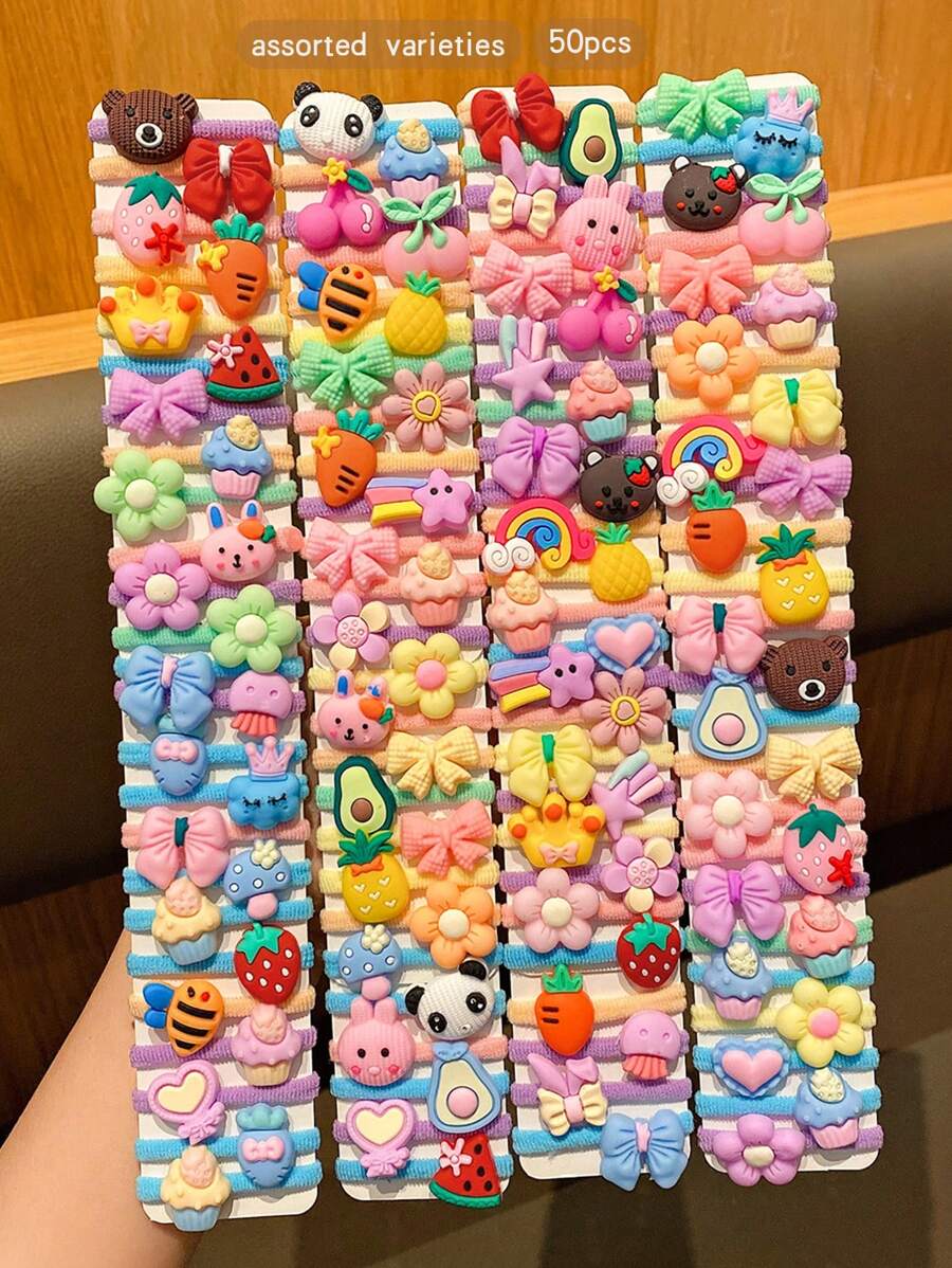 50 pezzi Lacci per capelli scrunchies stile cartone animato casuali, adatti per uso quotidiano