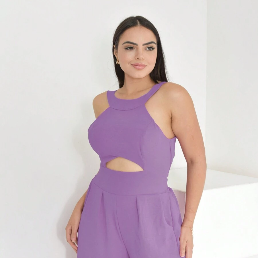 Slim Jumpsuit With Adjustable Straps And Low Neckline At The Belly - 紫色 - 查看 1