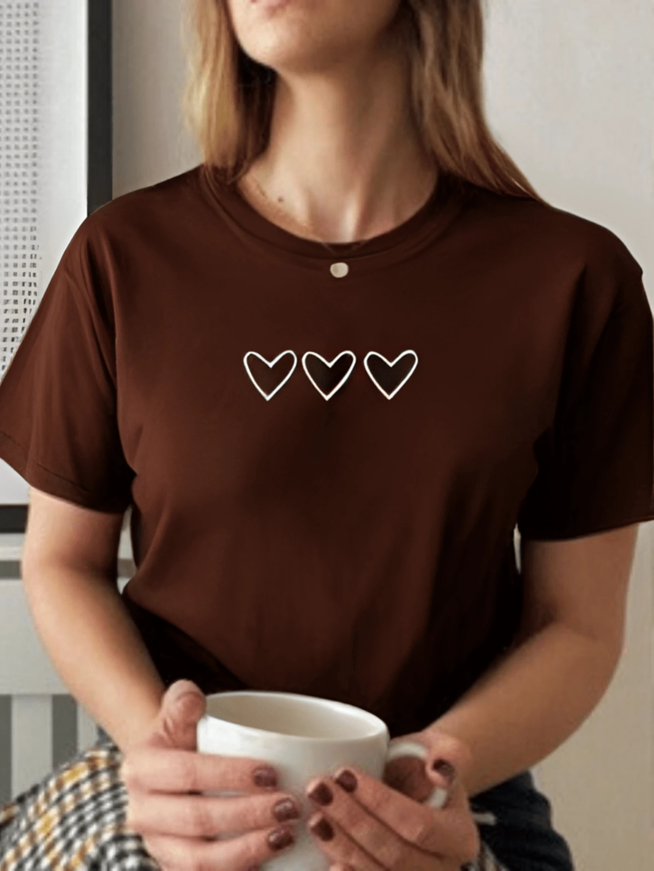 Women's Basic T-Shirt Three Hearts Heart Cotton Premium Mesh Promotion - Rust Brown - View 1