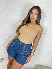 Short Jeans Feminino Correntinha Brilho Luxo Com Bolso Melhor Qualidade - Lavagem escura - Visão 4