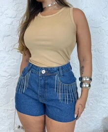 Short Jeans Feminino Correntinha Brilho Luxo Com Bolso Melhor Qualidade - Lavagem escura - Visão 2