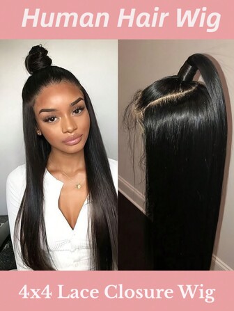 4x4 Lace Closure Wig Human Hair Transparent Lace Pre Plucked Human Hair Wigs Natural Black Color Wig For Women