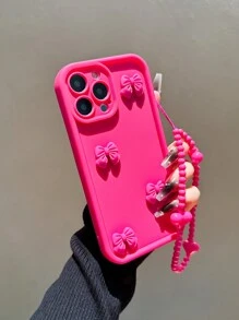 Ốp lưng điện thoại chống rơi hình nơ DIY màu hồng xinh xắn mới tương thích với Apple iPhone 14 Pro Max có dây đeo hình trái tim, ốp lưng bảo vệ điện thoại thời trang cao cấp tương thích với iPhone 13/12/11/XR/16/17 - Màu Hồng Tươi - Xem 3