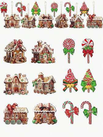 12pcs Christmas Party Gingerbread Man, Donut, Christmas Tree Decor Hanging Ornaments,Christmas