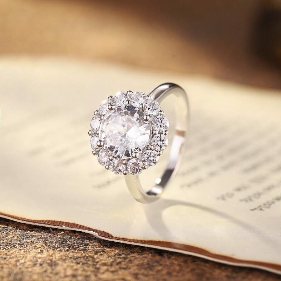 1 chiếc nhẫn bạc Sterling 925 dành cho nữ, đính đá Moissanite lấp lánh 2,0 carat ở giữa và điểm nhấn Moissanite hình bông hoa, thích hợp để đeo hàng ngày trong ngày lễ tình nhân - Bạc - Xem 1