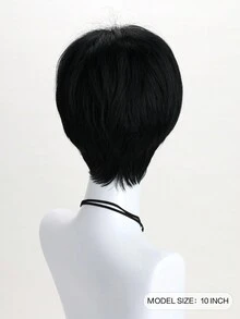 10 Inch Short Straight Black Synthetic Hair Wig With Oblique Bangs For Men, Suitable For Daily Wear, Holiday, Dance Party, Halloween Costume Party - Black - View 6