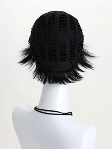 10 Inch Short Straight Black Synthetic Hair Wig With Oblique Bangs For Men, Suitable For Daily Wear, Holiday, Dance Party, Halloween Costume Party - Black - View 8