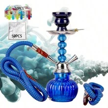 2 Hose Hookah Set, 11" Glass Hookah Shisha With Stable Glass Vase Base Tips And Foil Covers, Ready Gift