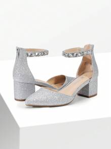 Women's Rhinestone Ankle Strap Heels Pumps Closed Pointed Toe Block Chunky Fashionable Party Shoes - Bạc - Xem 5