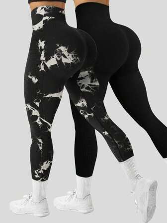 2 piezas Leggings de yoga sin costuras para mujer con cintura alta, que absorben la humedad, pantalones largos versátiles de uso diario con efecto tie-dye