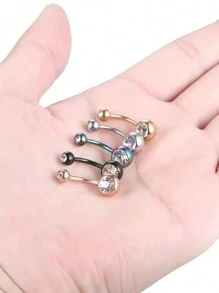 1pc Stainless Steel Bling Rhinestone Navel Ring, Simple & Shiny Gold For Daily Wear Women - Yellow Gold - View 6