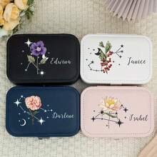 个性化生日花朵和十二生肖珠宝盒：矩形、拉链开合、多用途、皮革、十二生肖设计 - 送给妈妈、伴娘或生日的完美礼物 - 彩色 - 查看 2