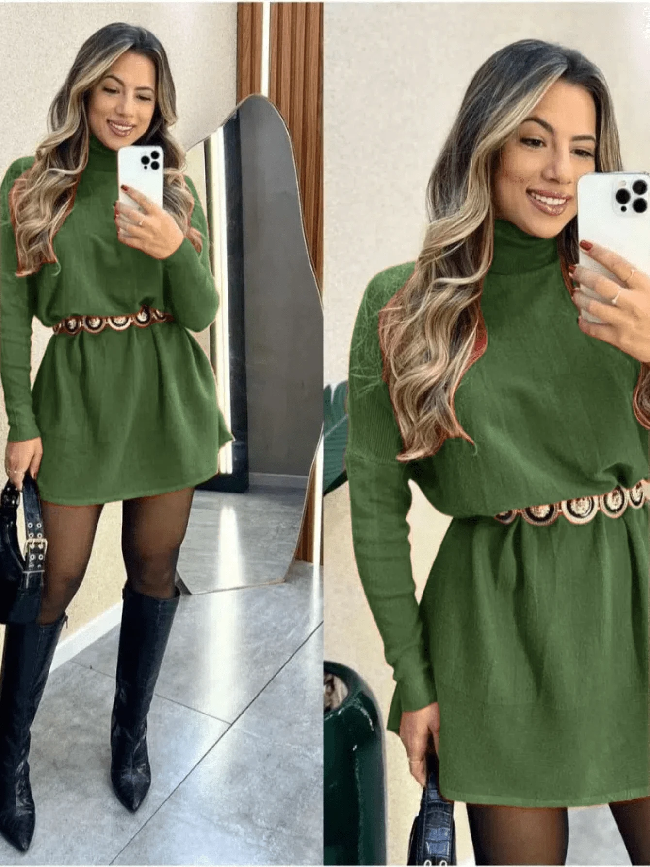 Women's Long-Sleeved Wool Poncho Dress From Cacharrel For Winter - Dark Green - View 1
