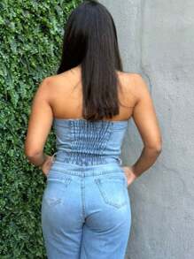 Women's Strapless Denim Jumpsuit With Elastane - Azul Claro - View 3