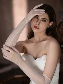 1 cặp Găng tay Opera ren trong suốt cho nữ, Găng tay lưới co giãn dài màu đen/trắng dùng cho Opera, Tiệc tùng, Đám cưới Halloween - Trắng - Xem 3