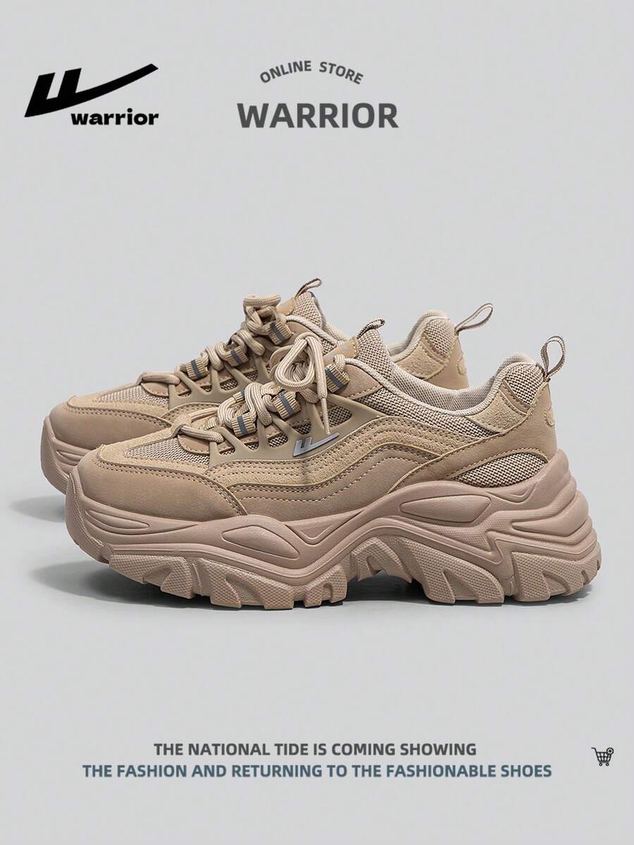 1 Pair Warrior Brand Women's Thick Sole Chunky Sneakers, Breathable Casual Niche Brand Running Shoes - Coffee Brown - View 1