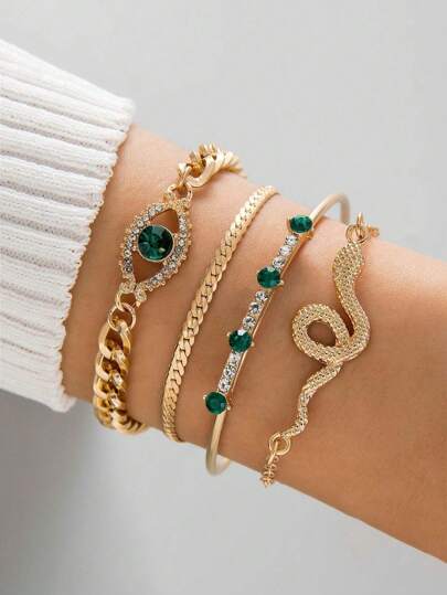 4 Pieces Set Women's Fashion Green Crystal Demon Eye Snake Design Bracelet And Bangles Jewelry With Rhinestone Eye Detail, Creative Rhinestone And Gemstone Studded Open Cuff Bracelet Set