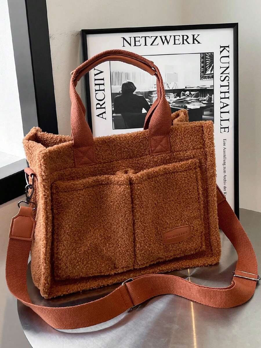 时尚女士毛绒手提包，带多个口袋，可单肩和斜挎，柔软舒适 - 棕色 - 查看 1