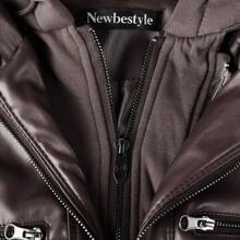 Newbestyle Faux Leather Jacket For Women Casual Moto Biker Jacket Quilted Full-Zip Coat Long Sleeve With Hoody - Cà phê nâu - Xem 4
