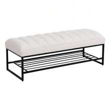 Banco con repisa de metal tapizado en sherpa blanco con diseño acolchado tipo , otomana para los pies en el dormitorio, sala de estar, entrada (Blanco) - Blanco + Sherpa + Espuma - Ver 9