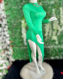 Long Sleeve Maxi Dress With Leg Slit High Neck - Green - View 4