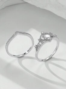 Bộ 2 chiếc/Bộ nhẫn mạ đồng hình vương miện thanh lịch & Cubic Zirconia, Quà tặng ngày lễ tình nhân hoàn hảo cho phụ nữ - Bạc - Xem 3