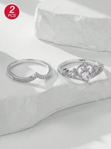 Bộ 2 chiếc/Bộ nhẫn mạ đồng hình vương miện thanh lịch & Cubic Zirconia, Quà tặng ngày lễ tình nhân hoàn hảo cho phụ nữ - Bạc - Xem 2