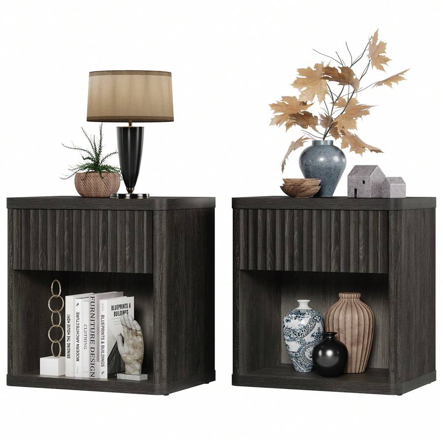 SICOTAS Gray Nightstands Set Of 2 With Drawer Modern Wood Bedside Table End Table For Bedroom Living Room Office - Black - View 1