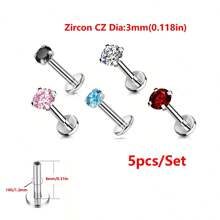 ADYJELY 1/5pcs Stainless Steel Hypoallergenic Inlaid Transparent CZ Lip Nails Nose Rings Studs 16G Internally Threaded Labret Medusa Lip Studs Conch Tragus Earrings Studs Red Pink Blue Black 3mm 4mm 5mm Piercing Jewelry Decoration For Women And Men