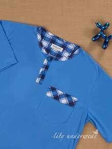 PIJAMA DE CABALLERO MANGA CORTA ESTAMPADO A CUADROS 100% ALGODON - Azul Cadete - Ver 3