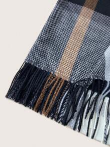 女士厚款黑色流苏格子围巾，保暖欧美风格仿羊绒披肩 - 黑色 - 查看 4