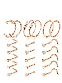 21pcs Stainless Steel Plated C-Shape Nose Rings, Fashionable Body Piercing Jewelry Set - Multicolor - View 11