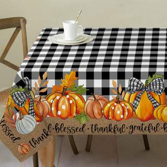 1pc Thanksgiving Tablecloth, Pumpkin Plaid Pattern, Waterproof And Easy To Clean, Home Kitchen Dining Picnic Decor, Holiday Party Theme Gift