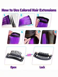 5 piezas de extensiones de cabello de color con clip, de 20 pulgadas de fibra sintética para mujeres, adecuadas para uso diario, fiestas, cosplay, Halloween, Navidad y otras ocasiones - Morado - Ver 4