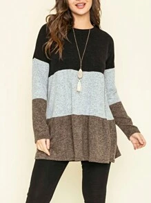 Boho Retro 70's 90's Vintage Black Black Olive Mocha Pink Mint Knit Brushed Ruffle Tiered Color Block Stripe Tunic Dress - 可可 - 查看 3
