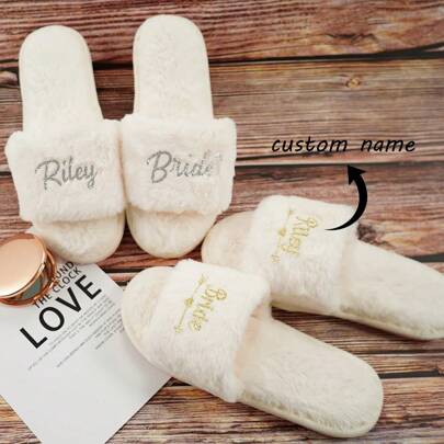 1 Pair Customized Bride's Plush Indoor Slippers, Casual Soft White Strap Ladies Sandals, Bridesmaid Gift For Wedding Stylish, Adorable, Colorful Custom, Personalized, Unique Ideal Gifts For Her Friends, Son, Daughter, School Students, Workers, Kids School, Home, Office,Customized Shoe Accessories,Back To School Supplies