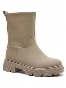Chunky Mid-Calf Ankle Boots – Minimalist Style And Lug Sole - Apricot - View 4
