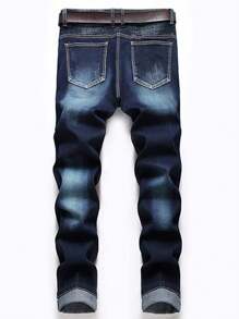 Mens Ribbed Jeans Stretch Straight Fit Denim Pants Washed Biker Distressed Destroyed Jeans - Màu xanh lam - Xem 2