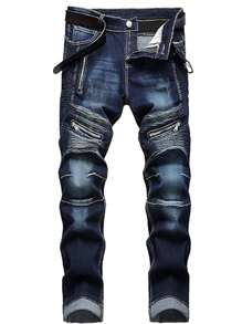 Mens Ribbed Jeans Stretch Straight Fit Denim Pants Washed Biker Distressed Destroyed Jeans - Màu xanh lam - Xem 1