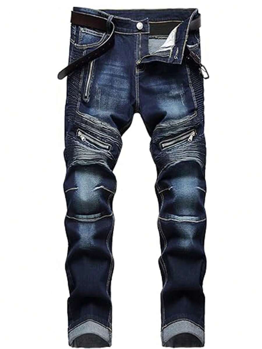 Mens Ribbed Jeans Stretch Straight Fit Denim Pants Washed Biker Distressed Destroyed Jeans - Màu xanh lam - Xem 1