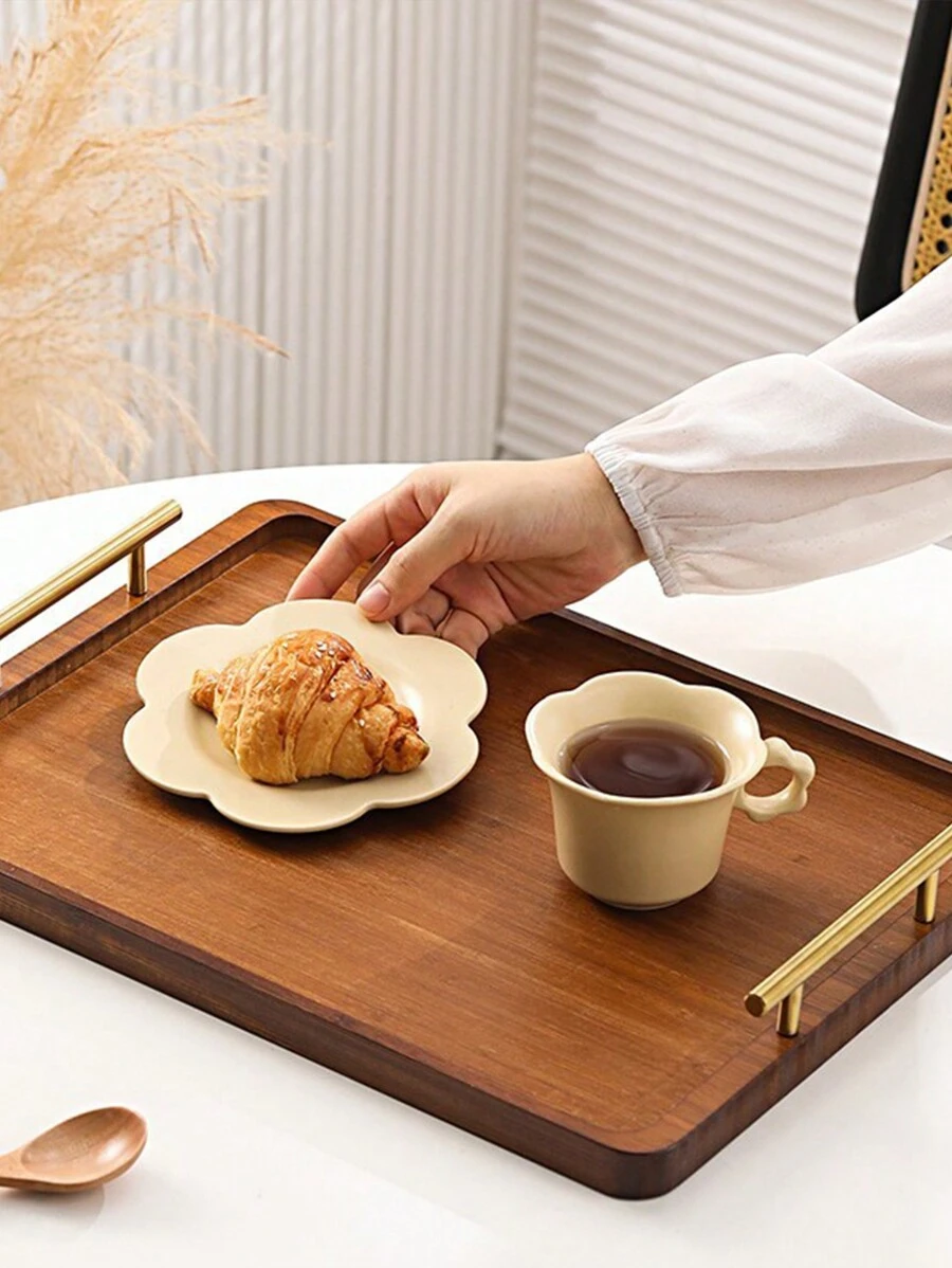 1 khay gỗ hình chữ nhật màu đen có tay cầm bằng kim loại màu vàng đựng cốc nước, trái cây, thực phẩm, bánh mì, đồ lặt vặt, khay đựng đồ gia dụng, quà tặng Giáng sinh - 1 cái - Xem 1