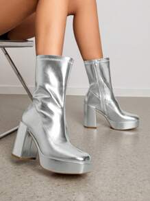 Women's Chunky Platform Mid-Calf Boots Waterproof Square Toe Fashionable Lightweight Comfort Elegant Bright Solid Color Side Zipper Classic For Parties Dress Festival Ankle Go Go Silver Boots - 銀色 - 查看 6
