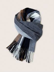 女士厚款黑色流苏格子围巾，保暖欧美风格仿羊绒披肩 - 黑色 - 查看 1