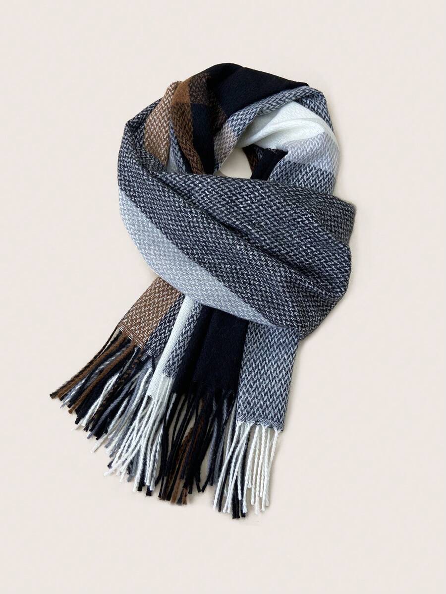 女士厚款黑色流苏格子围巾，保暖欧美风格仿羊绒披肩 - 黑色 - 查看 1